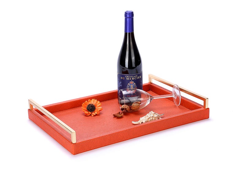 WV Havana Orange PU Leather Serving Tray with Gold Leaf Metal Handles - Decorative Coffee Table Tray - Image 2